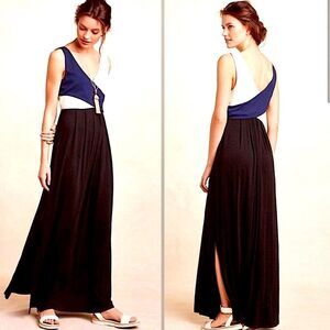 Anthropologie Maeve Elysian Colorblock Maxi dress Black white blue v-neck -S